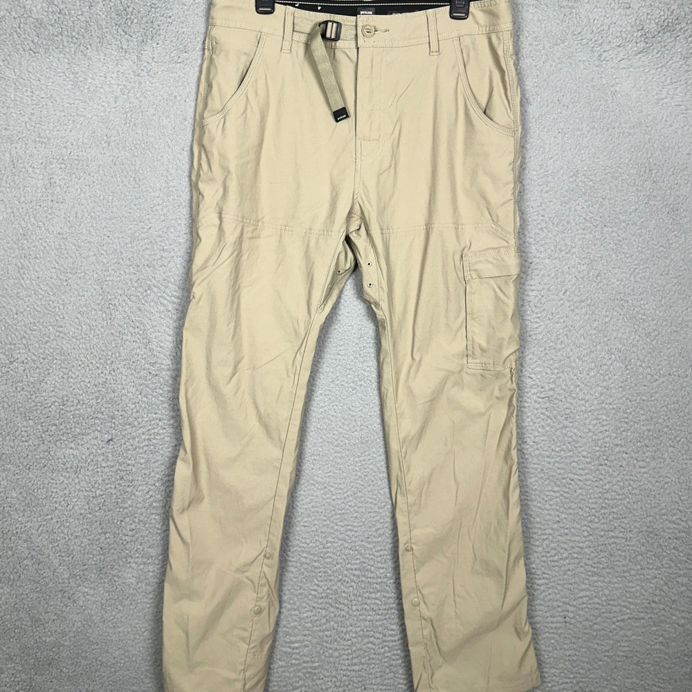 Prana Pants Mens 33X32 Zion Khaki Tan Hiking Cargo Stretch Belted Outdoor EUC